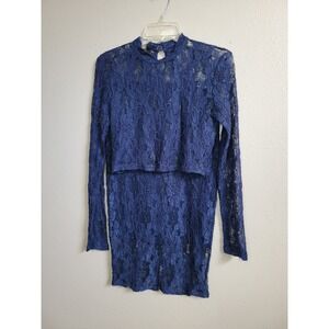 Kardashian Kollection Lace Skirt Set Fitted Long Sleeve Top Skirt Rear Slit Sz M